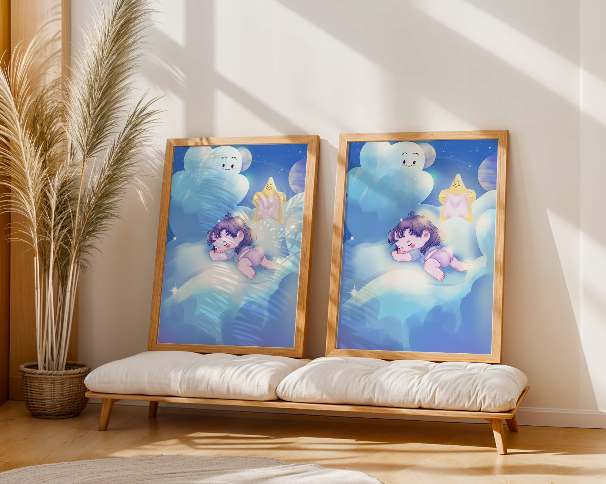 Dreamy illustration of sleeping child on clouds with smiling cloud and star