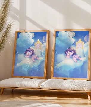 Dreamy illustration of sleeping child on clouds with smiling cloud and star