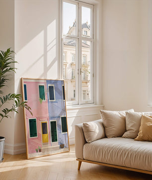 Casas pastel encantadoras con puertas y ventanas coloridas