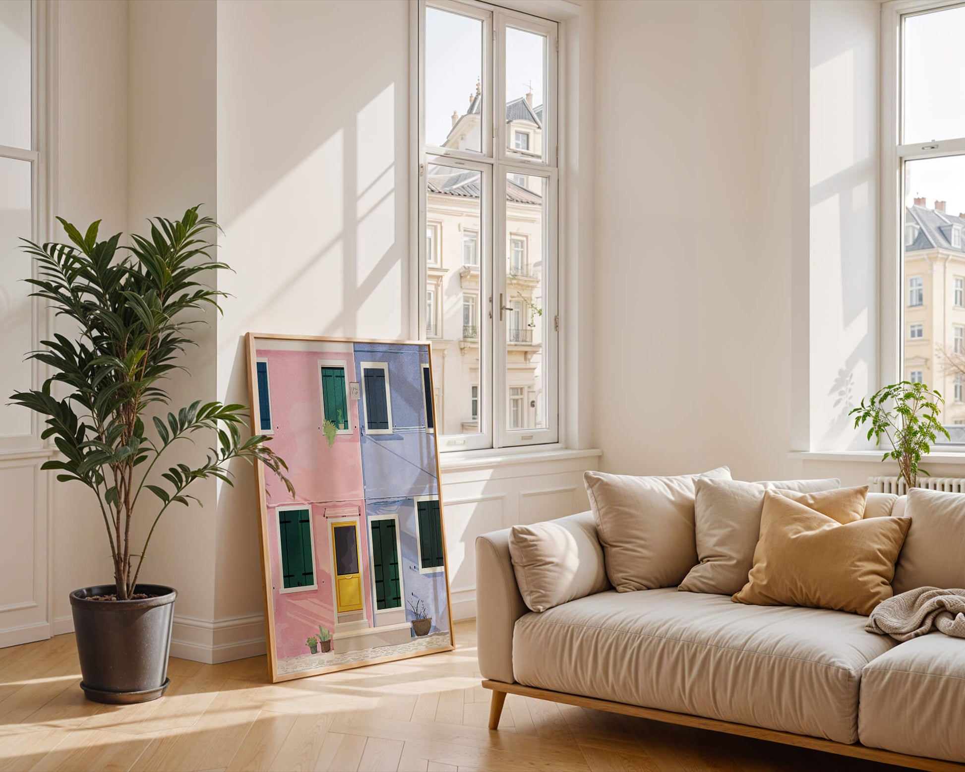 Charming pastel houses with colorful doors and windows
