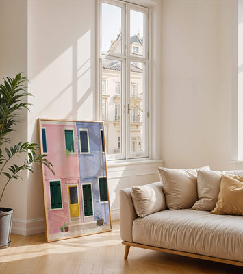 Charming pastel houses with colorful doors and windows