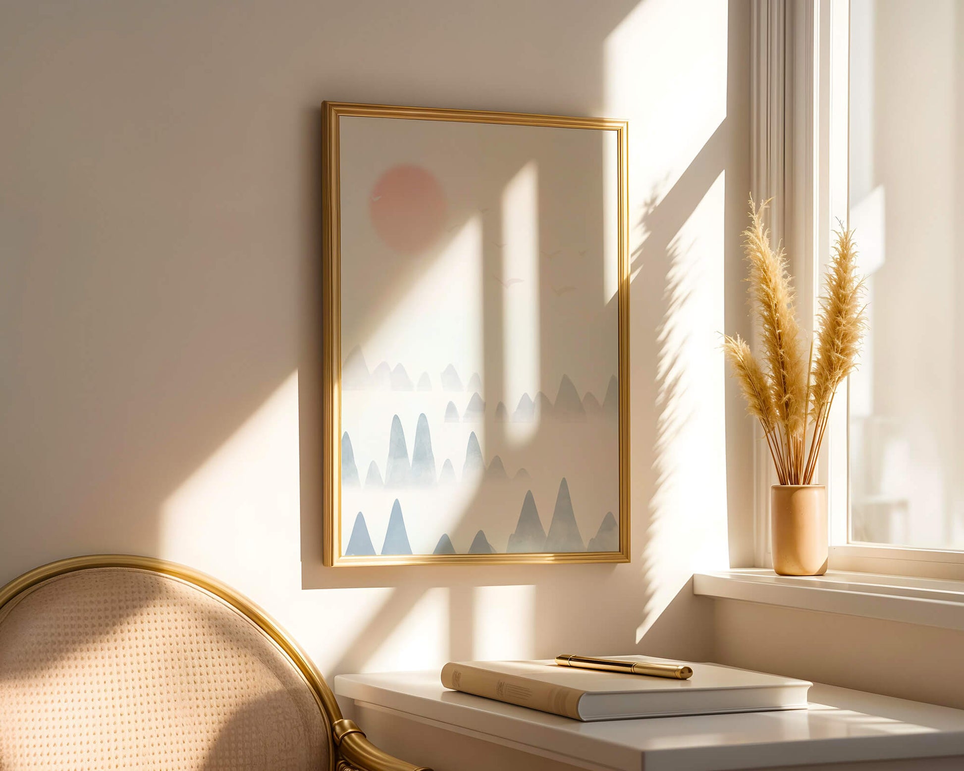Minimalistic Mountain Landscape with Soft Colors and Birds in the Sky