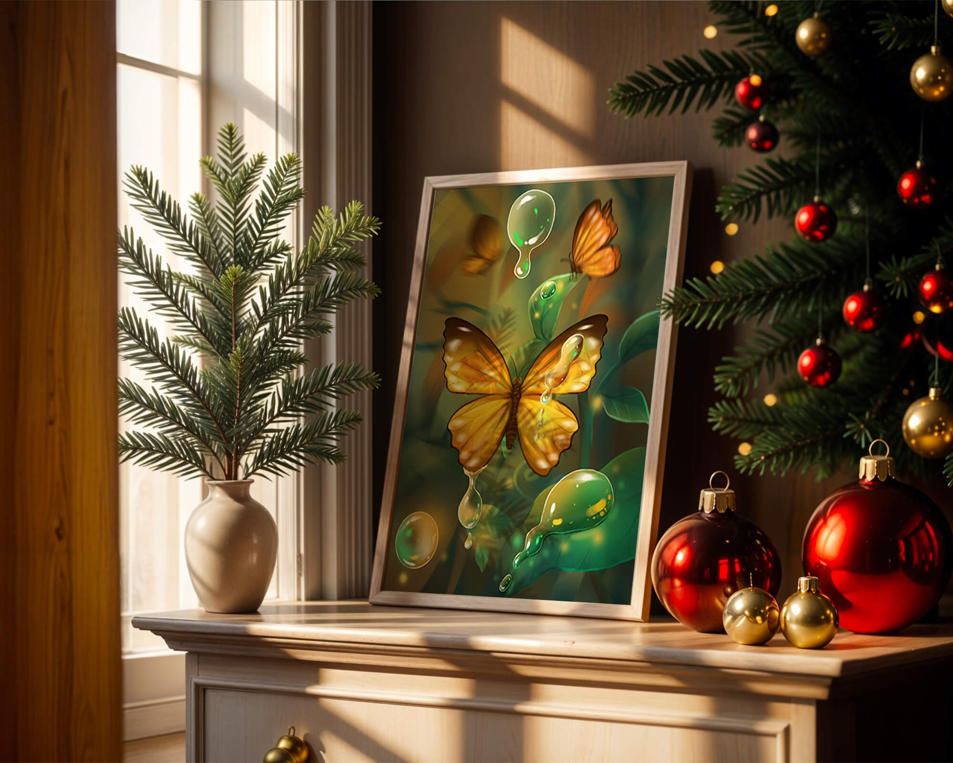Butterflies Among Dewdrops in a Serene Forest Setting