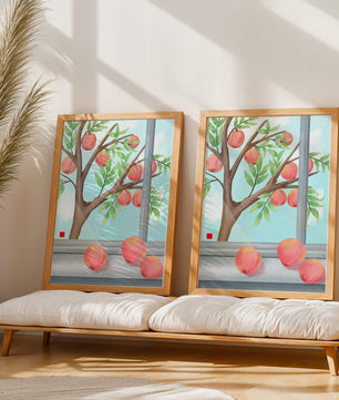 Peach tree outside a window with ripe peaches and sunny sky