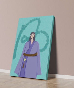 Personaje con atuendo tradicional sobre fondo texturizado