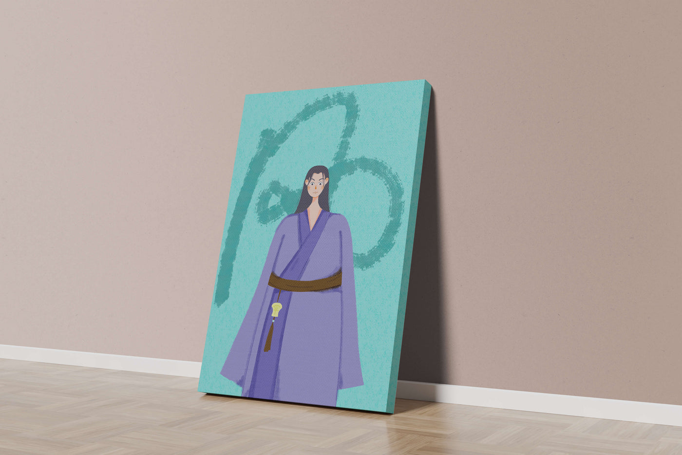 Character in traditional attire on textured background