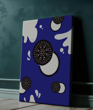 Graphic design featuring cookies and milk splashes on blue background