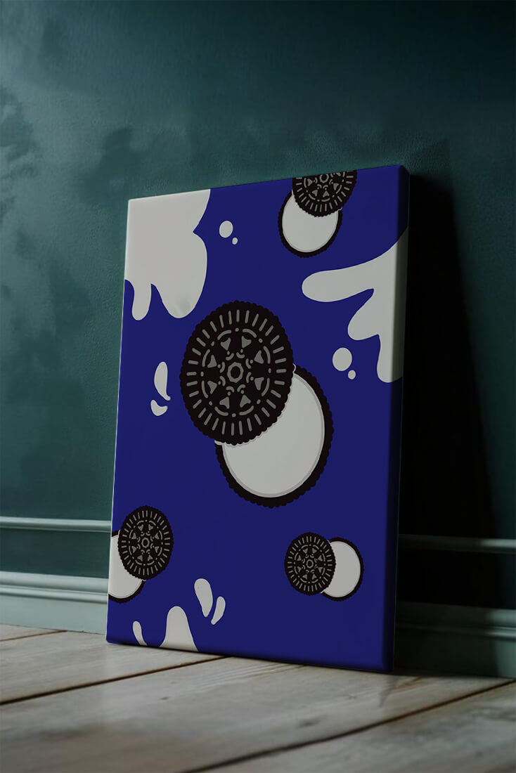 Graphic design featuring cookies and milk splashes on blue background