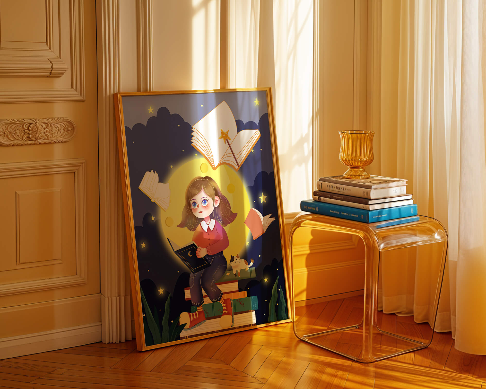 Illustration of a girl reading books under a starry night sky