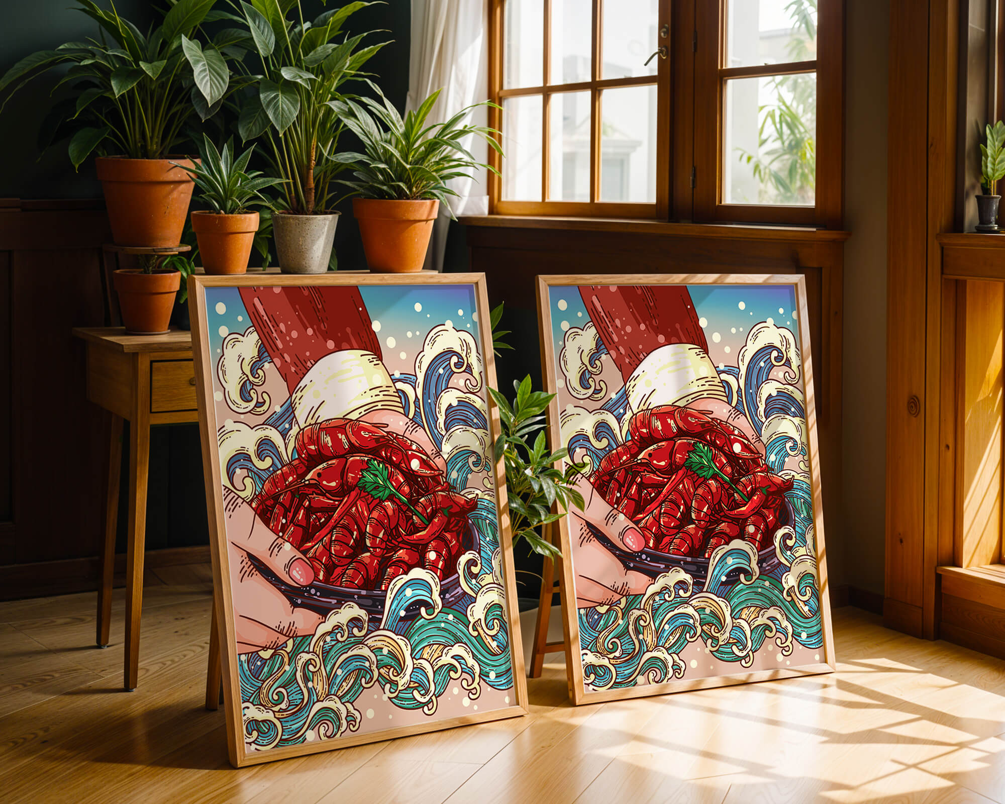 Colorful Cartoon Illustration of Hand Holding Crawfish Over Decorative Waves