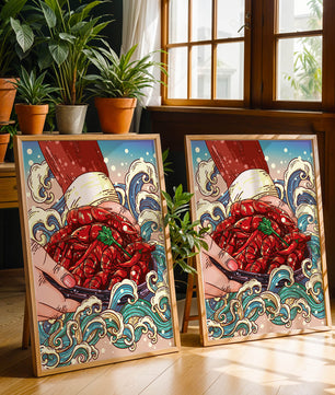 Colorful Cartoon Illustration of Hand Holding Crawfish Over Decorative Waves