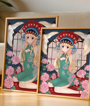 Chica anime elegante con atuendo tradicional y detalles florales y de grulla