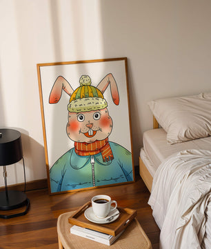 Whimsical cartoon bunny in winter attire with a striped scarf and beanie hat