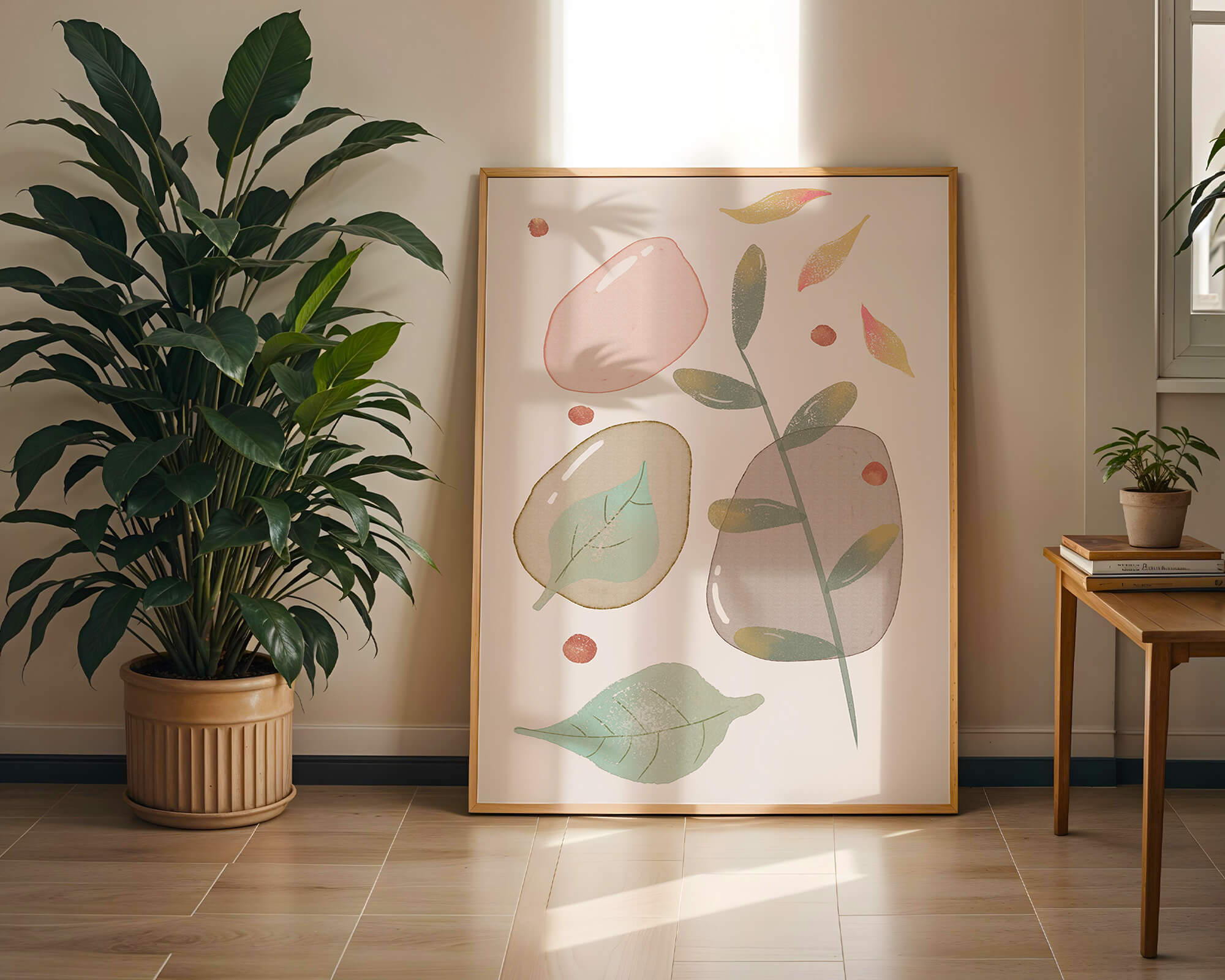 Abstract botanical illustration with pastel colored leaves and shapes