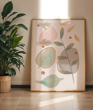 Abstract botanical illustration with pastel colored leaves and shapes