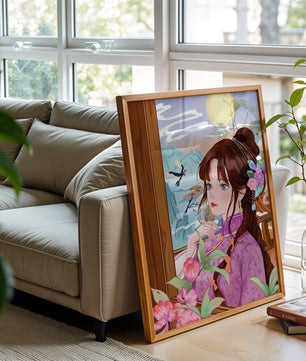 Serene landscape with a woman in traditional dress and mountain view
