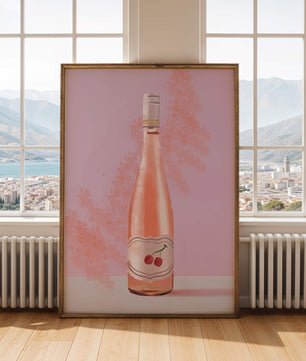 Illustrated wine bottle with a cherry label on pink background