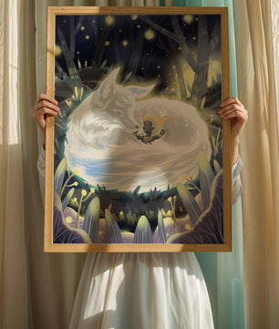 Scène de forêt fantaisiste avec un loup endormi et une silhouette mystérieuse la nuit