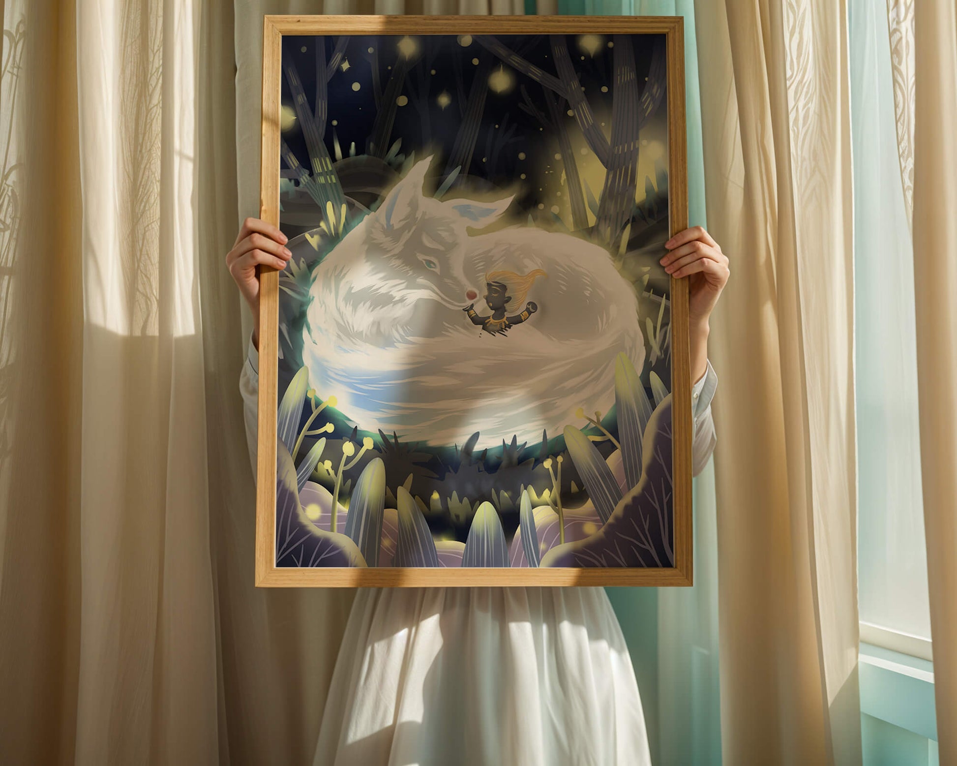 Whimsical forest scene with a sleeping wolf and a mysterious figure at night