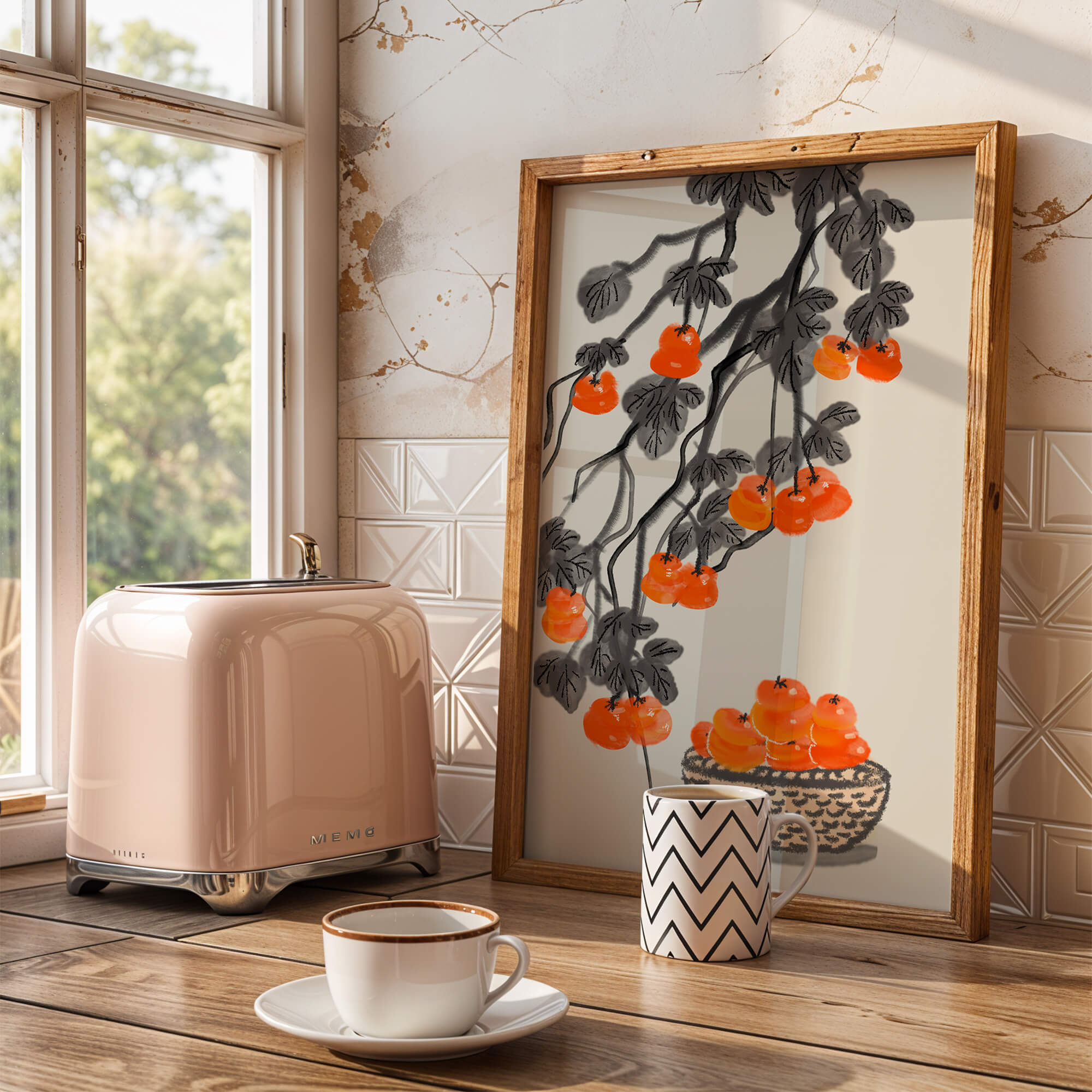 Artistic depiction of hanging persimmons with basket on watercolor canvas