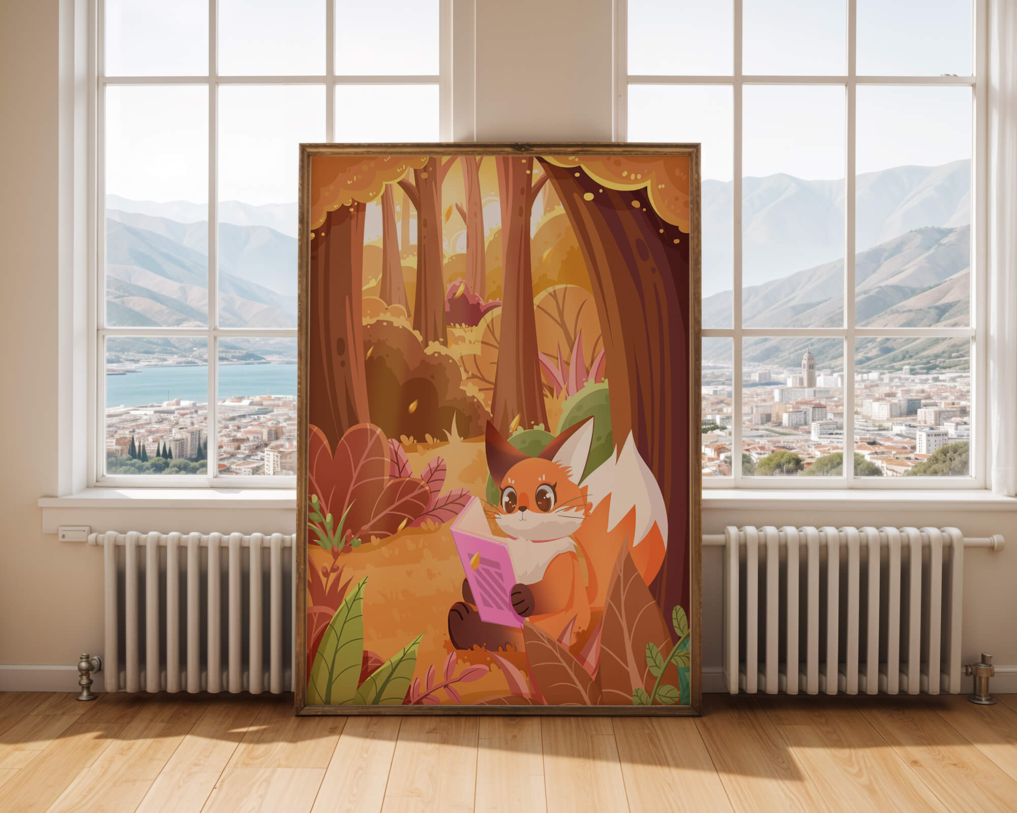 Fox reading a book in a whimsical autumn forest