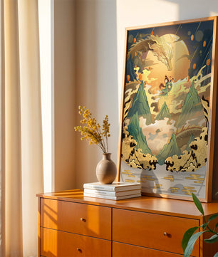 Mythical dragon and warrior painting with golden elements against a mountainous landscape