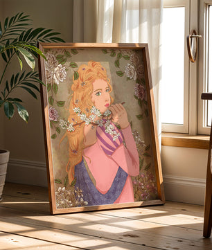 Ilustración floral romántica de una mujer con cabello largo y flores en flor