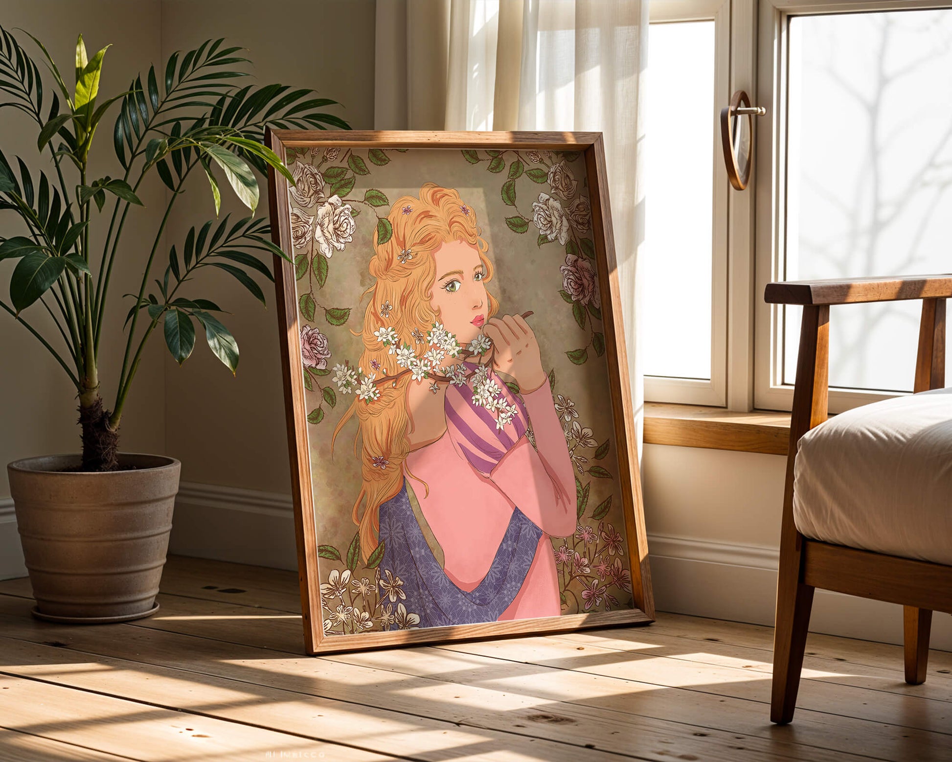 Ilustración floral romántica de una mujer con cabello largo y flores florecientes