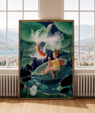 Illustration imaginative d'une fille avec un poisson et un lapin sous des nénuphars illuminés par la lune