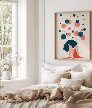 Abstract Illustration of a Woman with Curly Blue Hair Surrounded by Colorful Circles - Mi tienda