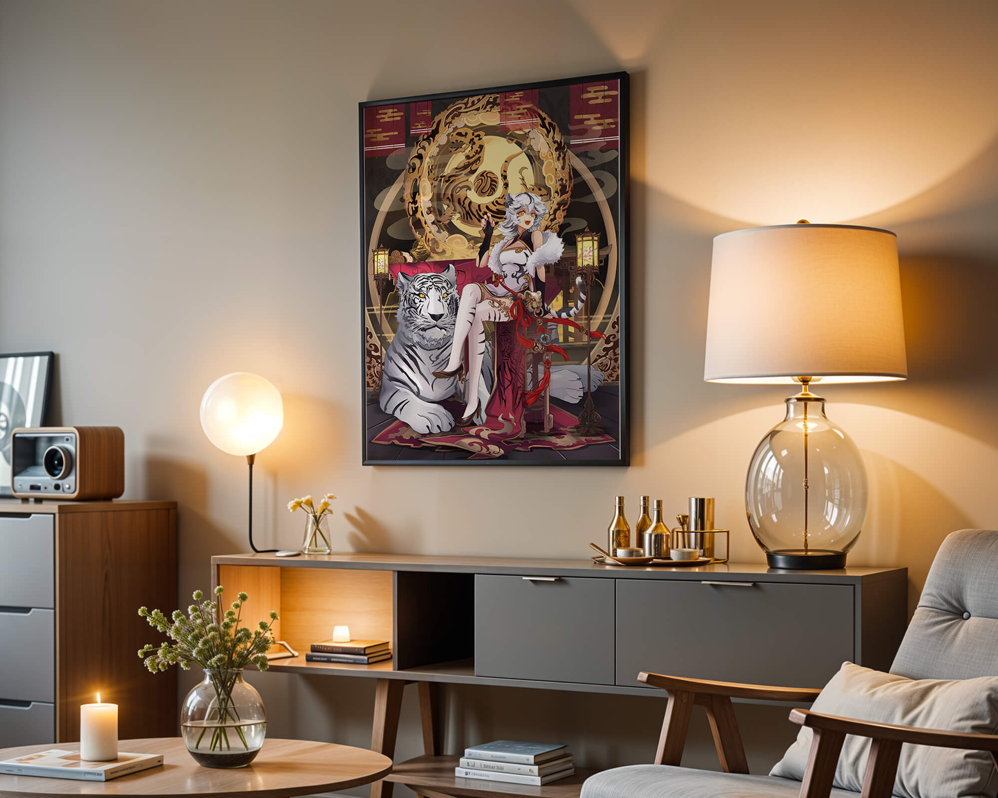 Elegant fantasy character with mystical tiger and ornate decor