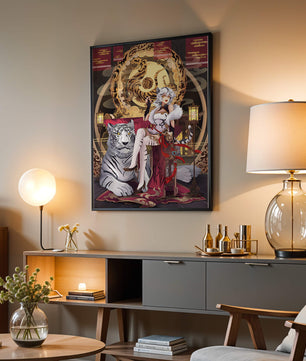 Elegant fantasy character with mystical tiger and ornate decor