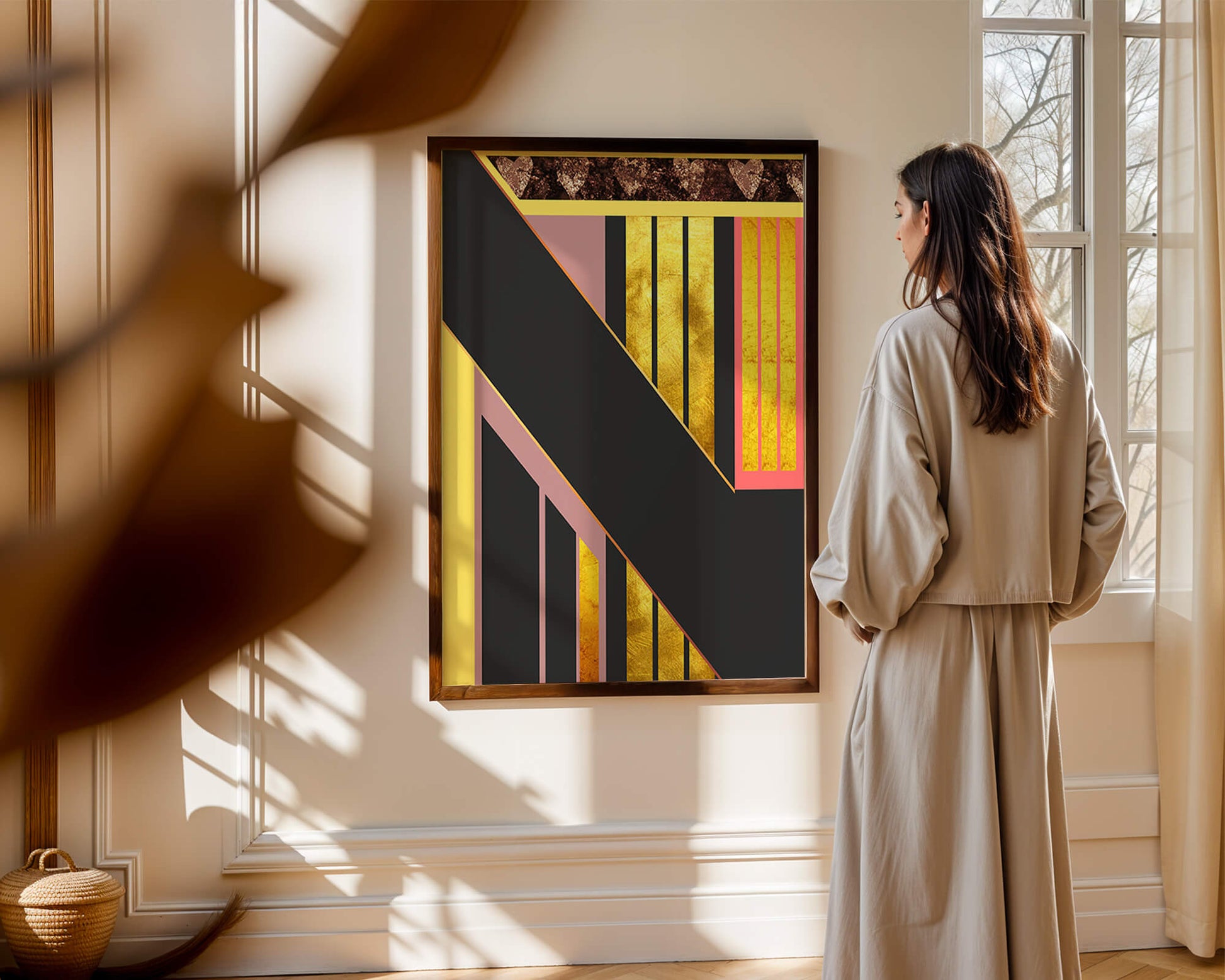 Geometric abstract art with gold and heart accents
