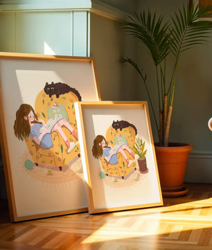 Cozy Reading Corner with Relaxed Girl and Cat