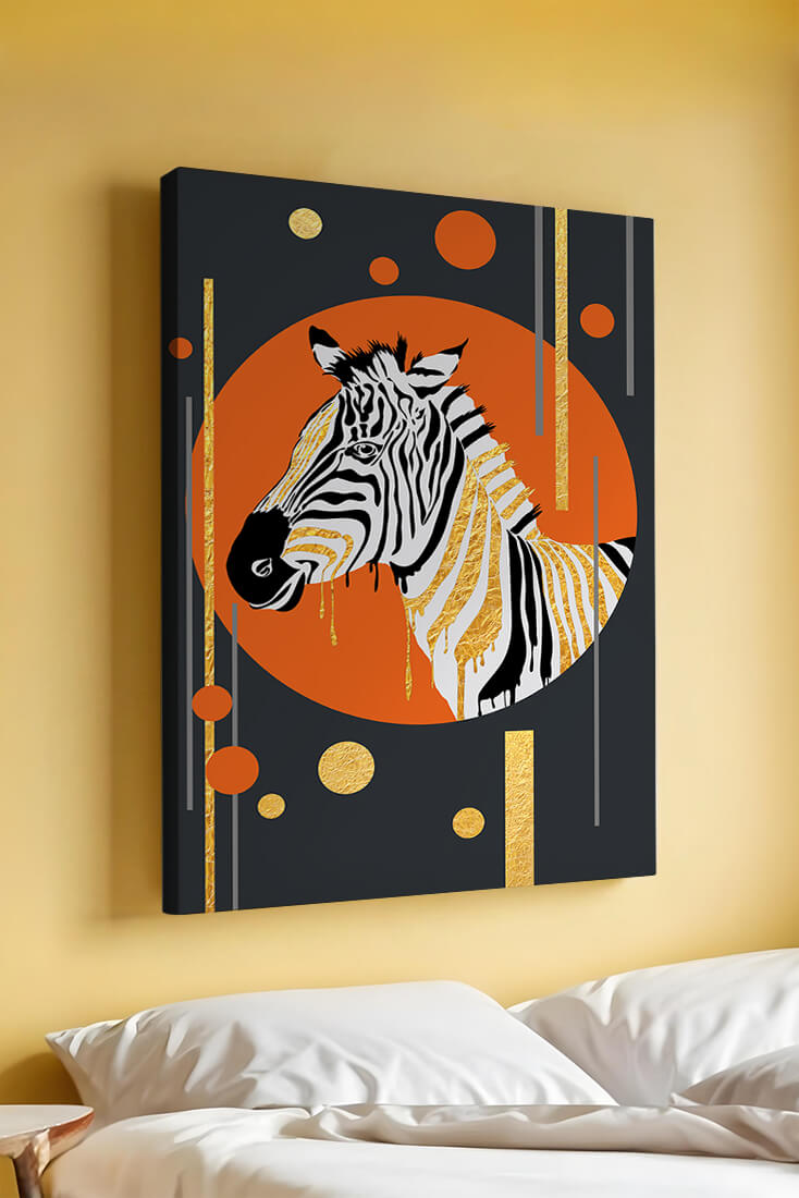 Modern zebra art with golden accents on abstract background