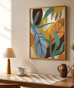 Abstract botanical design with colorful leaves and organic shapes