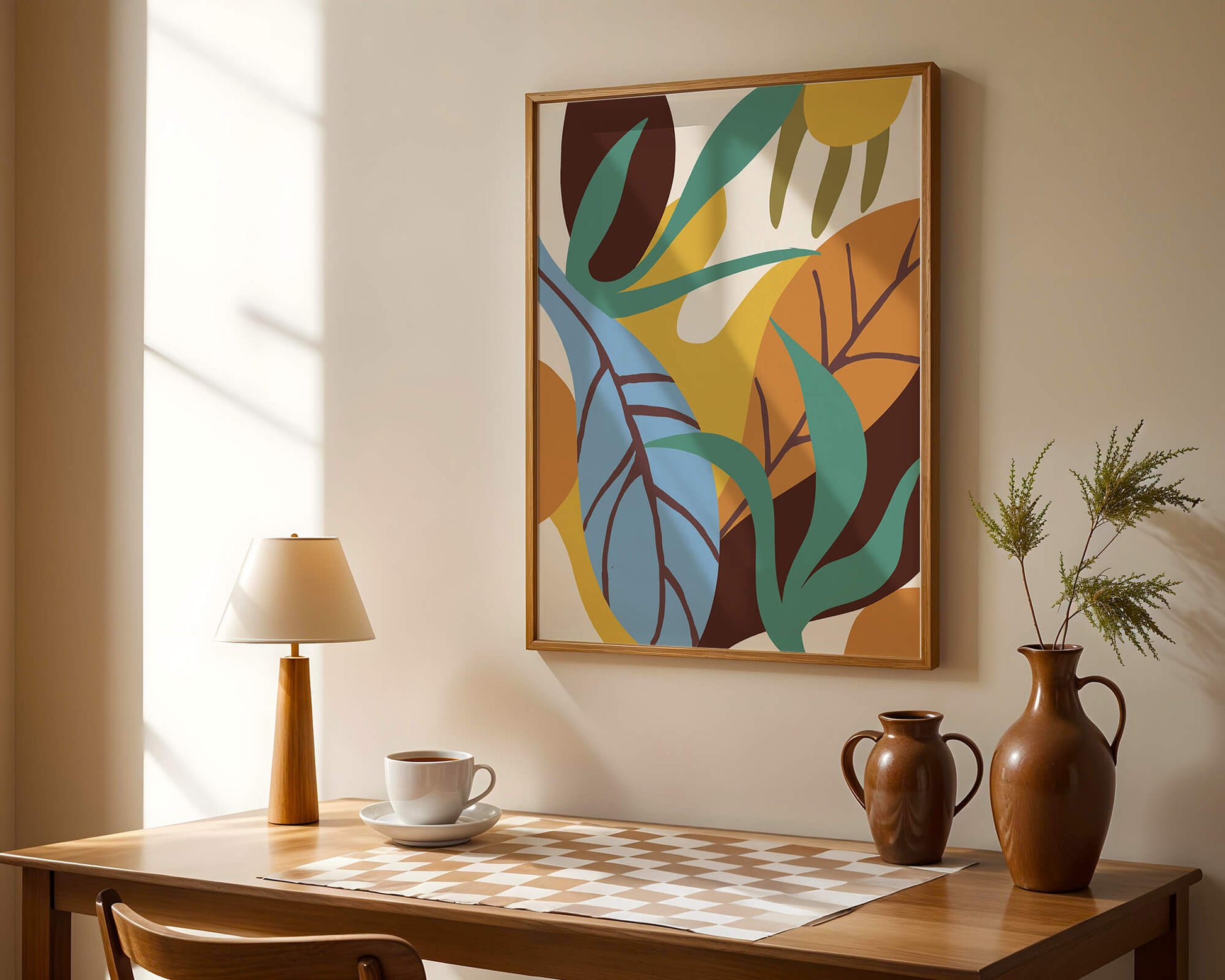 Abstract botanical design with colorful leaves and organic shapes
