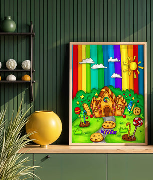 Whimsical candy house in a vibrant rainbow landscape