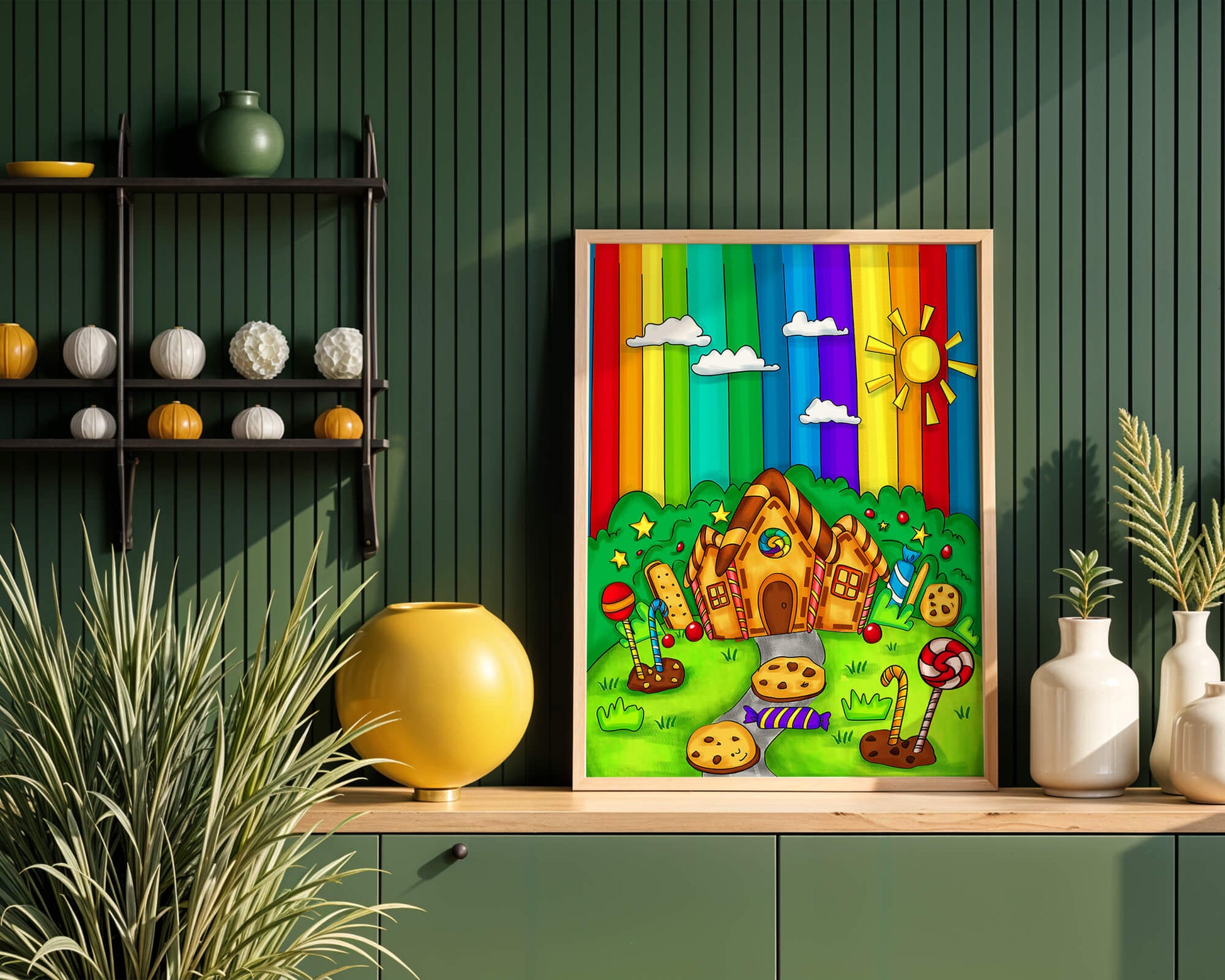 Whimsical candy house in a vibrant rainbow landscape