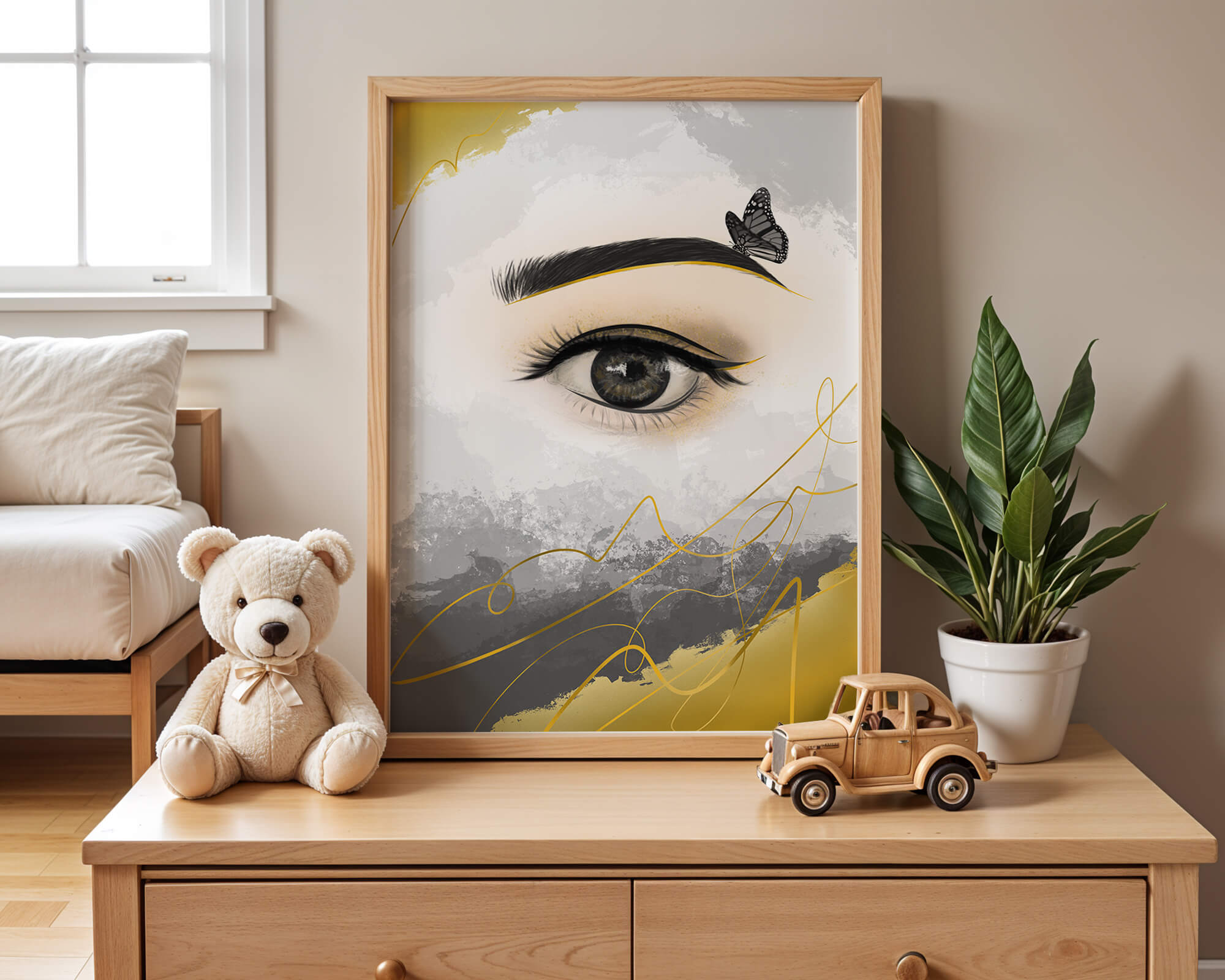 Artistic eye illustration with butterfly and abstract gold accents