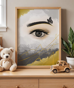 Artistic eye illustration with butterfly and abstract gold accents