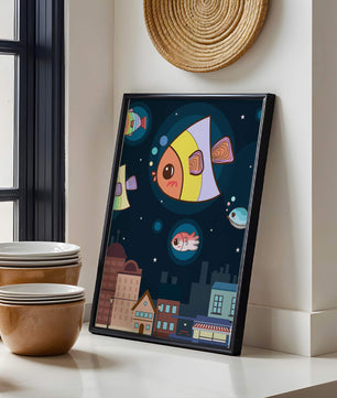 Poisson de dessin animé flottant au-dessus d'une ville nocturne avec des étoiles