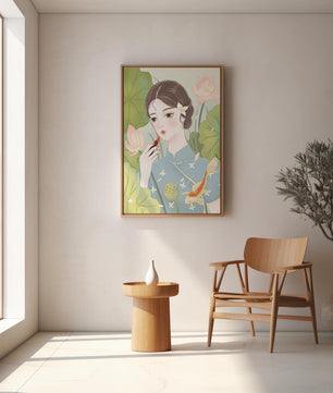 Elegant Woman in Traditional Dress with Lotus and Koi Fish - Mi tienda