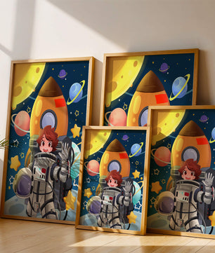 Young Astronaut with Rocket and Planets in Space Adventure