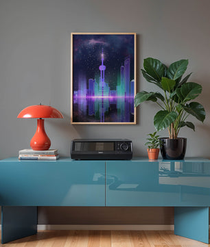 Futuristische Skyline mit leuchtenden Türmen unter sternenklarer Nacht