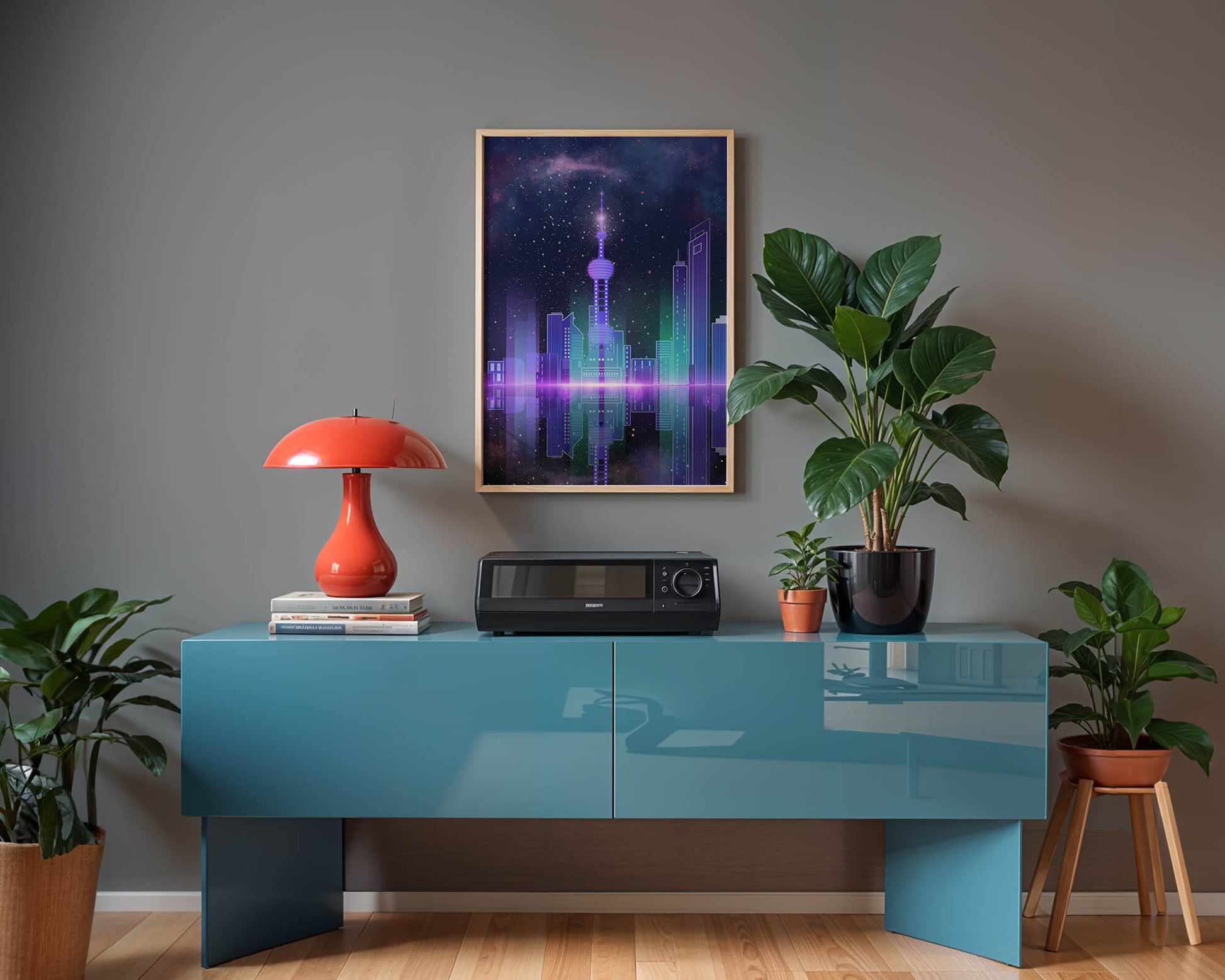 Futuristische Skyline mit leuchtenden Türmen unter sternenklarer Nacht