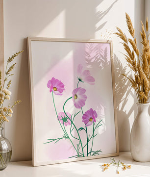 Ilustración digital de flores de cosmos rosadas sobre un fondo pastel suave