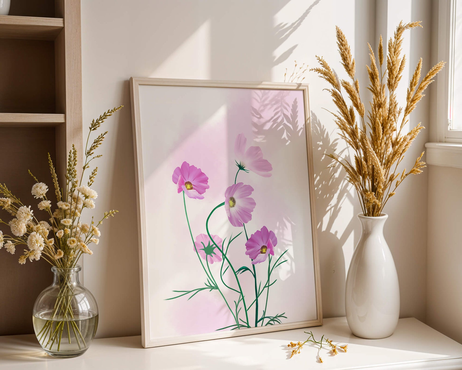 Digital illustration of pink cosmos flowers against a soft pastel background