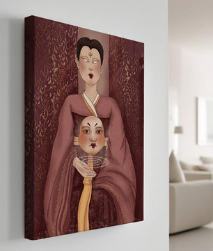 Ilustración de una figura mística con máscara y fondo ornamentado