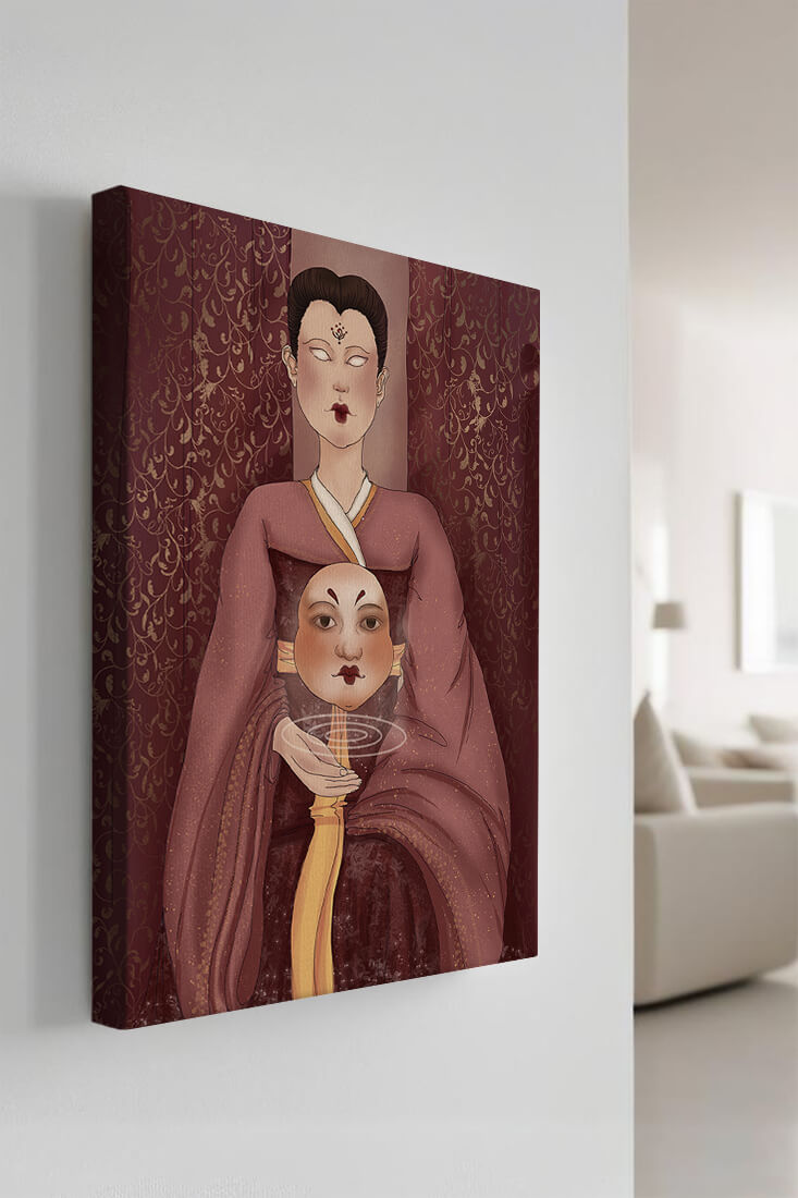 Ilustración de una figura mística con máscara y fondo ornamentado